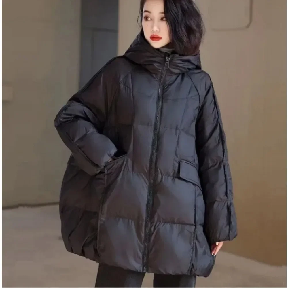 Oversized down jacket women\'s casual loose parka pocket coat New winter women\'s white duck down jacket hooded plus size warmth