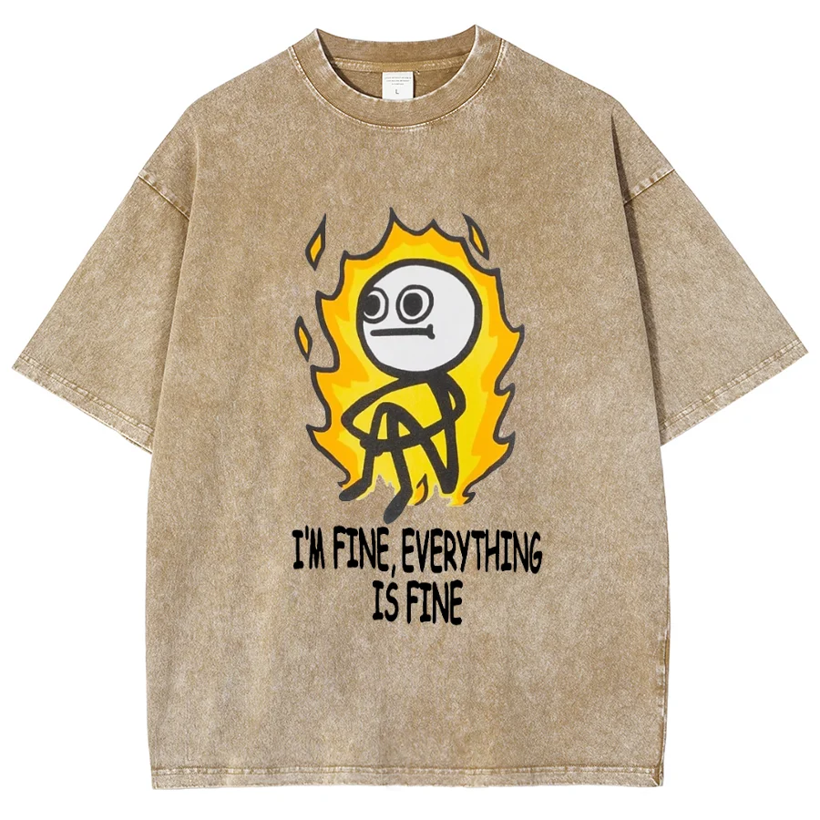 I'm Fine Everything Is Fine Print T Shirt For Women Fashion Casual Loose Summer Short Sleeve Tide Washed Denim Shirt 2024