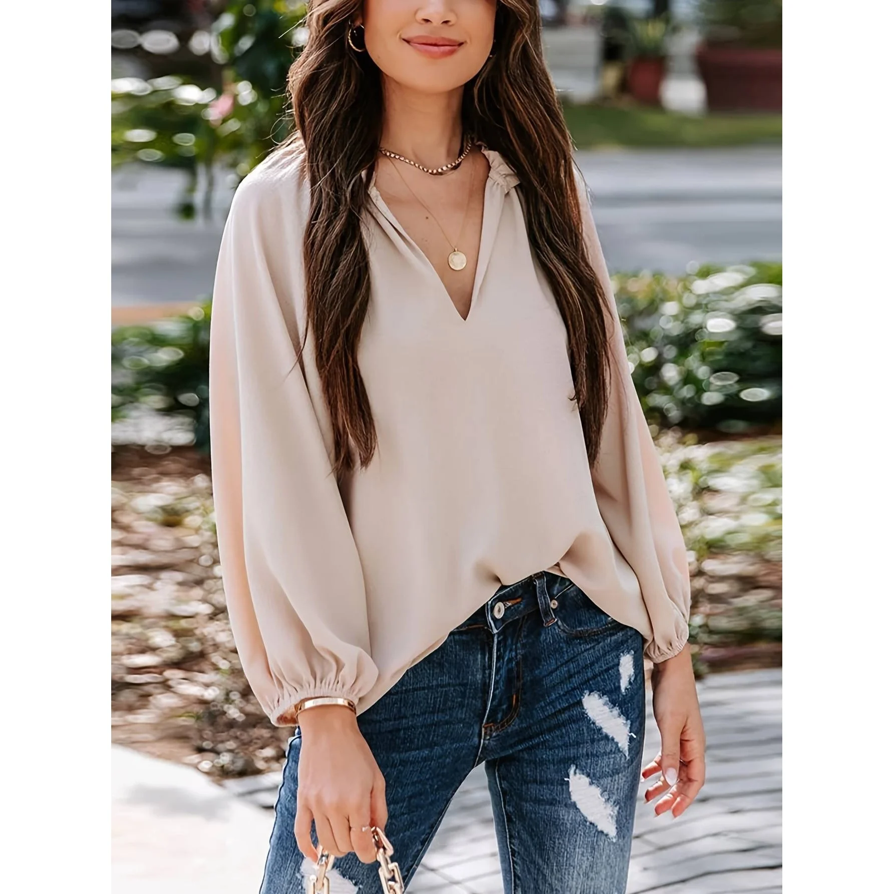 

Comfortable Pure Color Long Sleeve V-Neck Casual Shirt Women's Spring Autumn New Style NuSun Silk Top Comfortable Commute Style