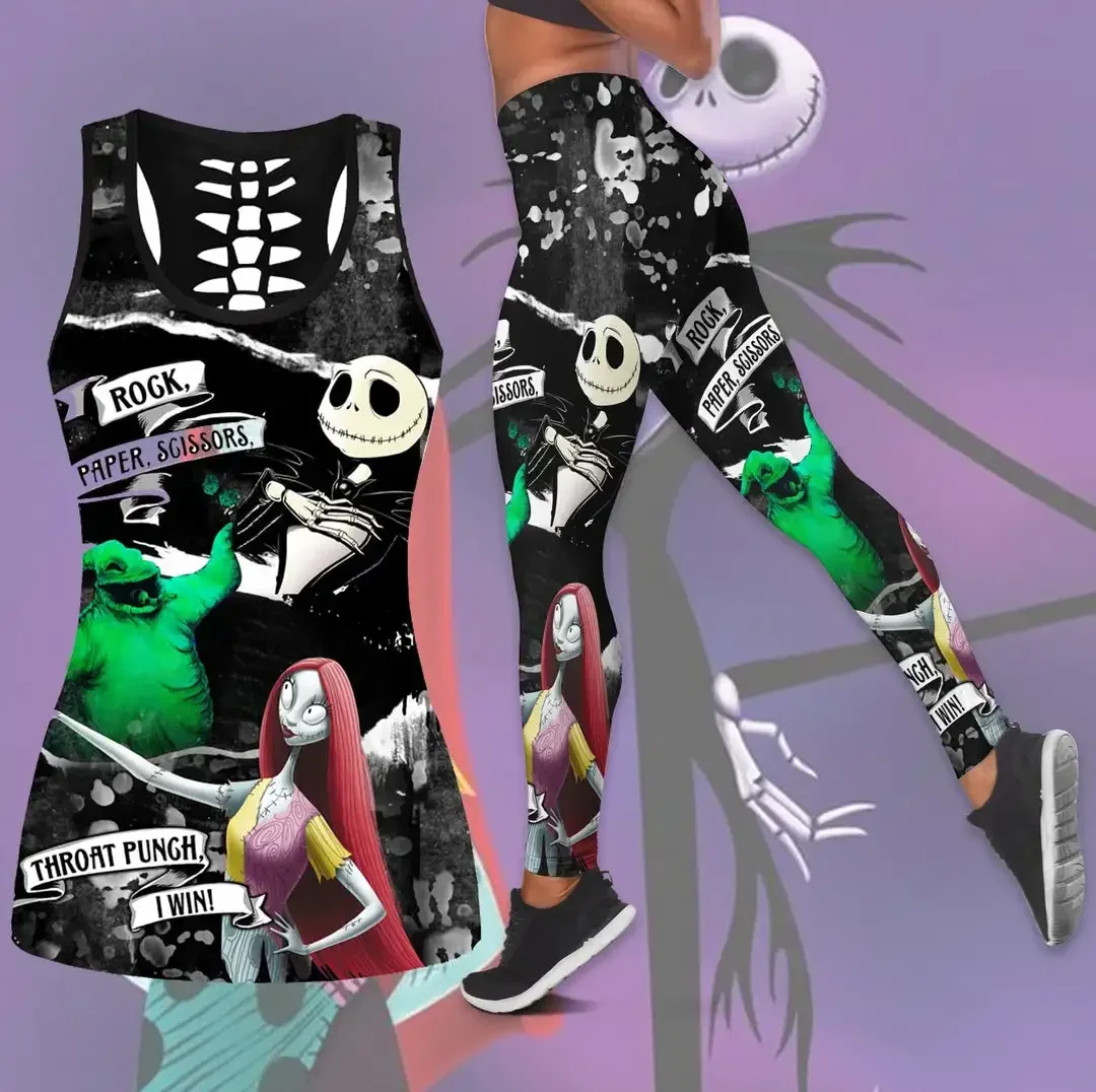Disney halloween horror noites jack skellington e sally colete oco feminino + leggings terno de yoga fitness leggings terno esportivo