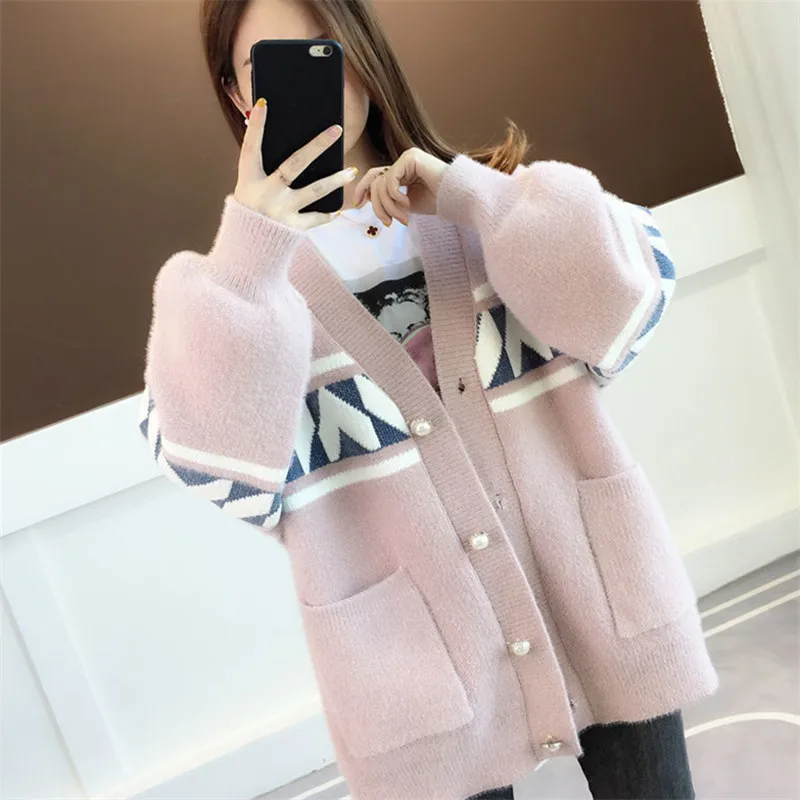 Koreanische Faux Nerz Kaschmir Strickjacke Pullover Frauen Jumper Damen Lose 4 Farbe Mid-länge Patchwork Große Tasche Stricken Tops weibliche