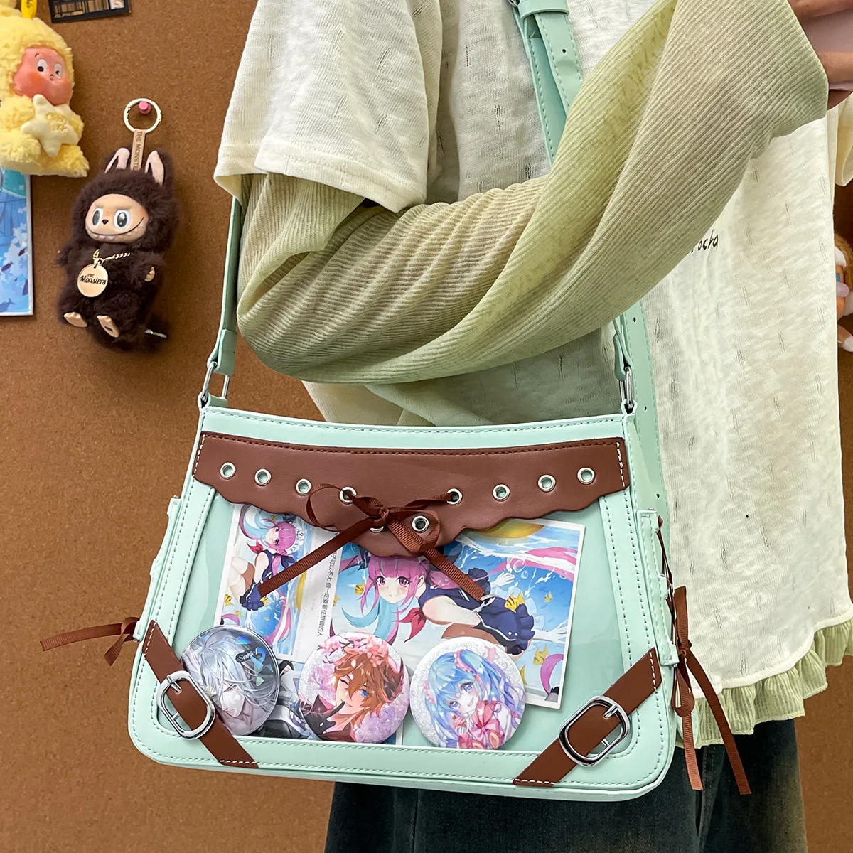 Ita Bag for Women Anime Cartoon Print Transparent Pocket Itabag PU Leather Shoulder Crossbody Bag Large Capacity Daily Casual