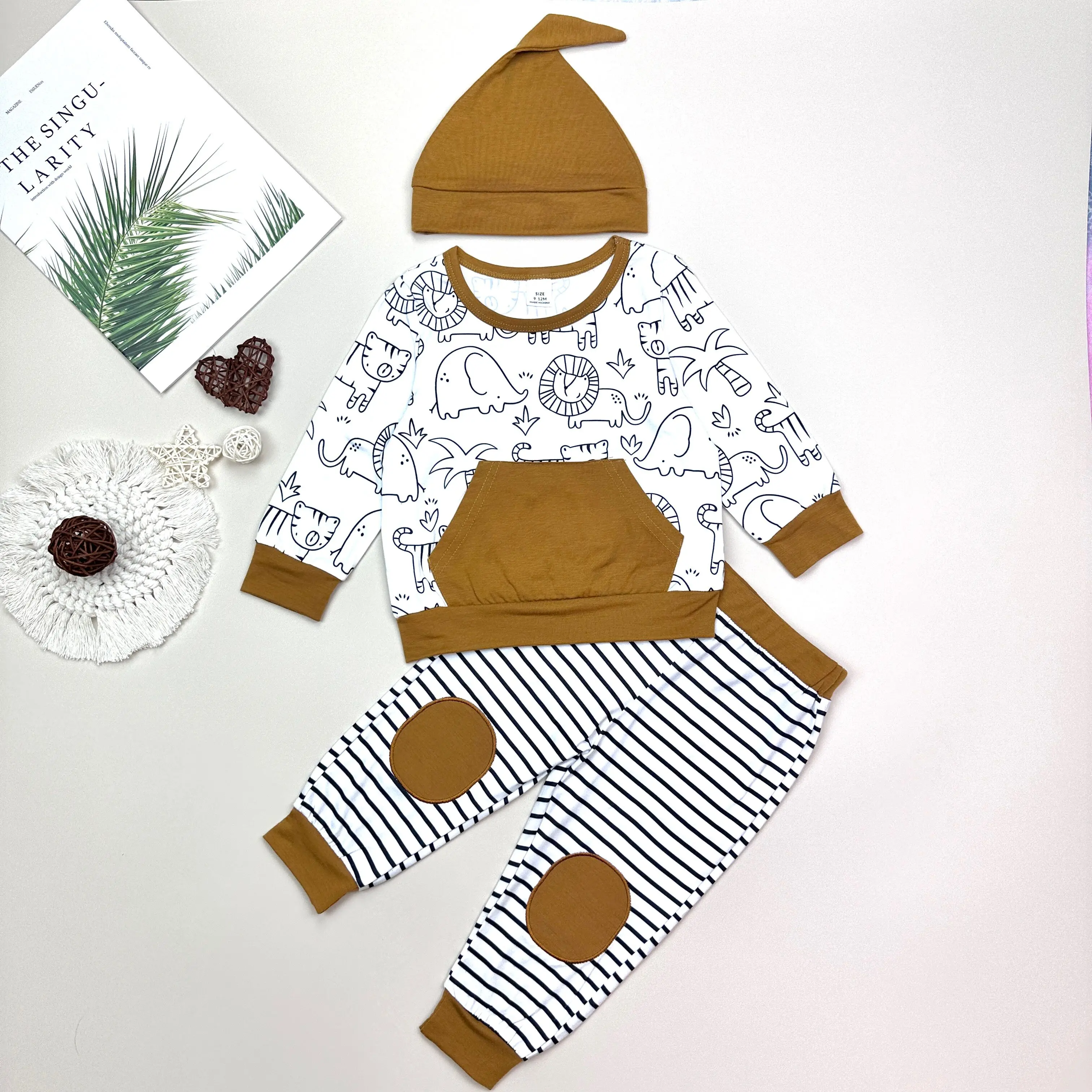 3 Pieces Newborn Baby Romper and Long Sleeve Hats Cotton Baby Clothes Warm Boy Clothes Pant Clothes 0-12 Months