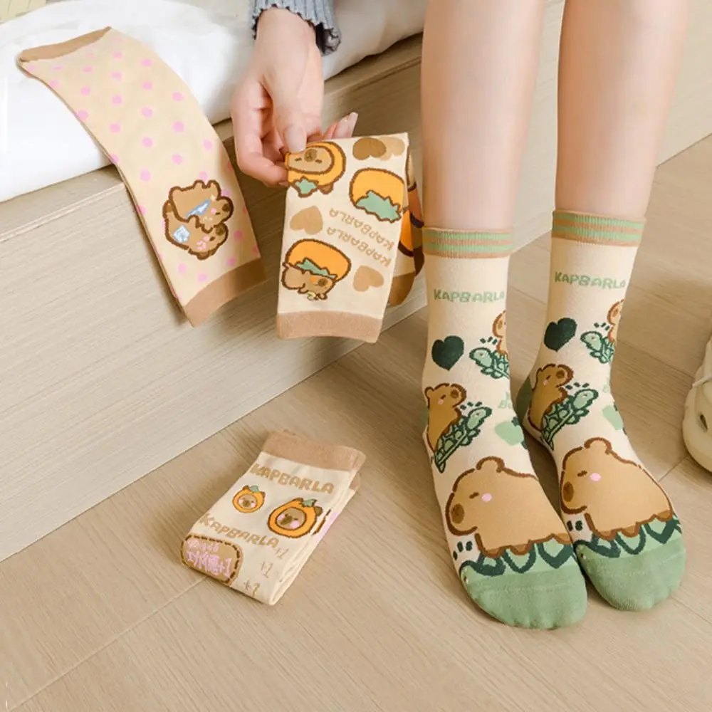 3Pairs Cute Stripe Capybara Tube Socks Letter Dot Cotton Mid-calf Socks Funny Female Hosiery Cartoon Socks Lady