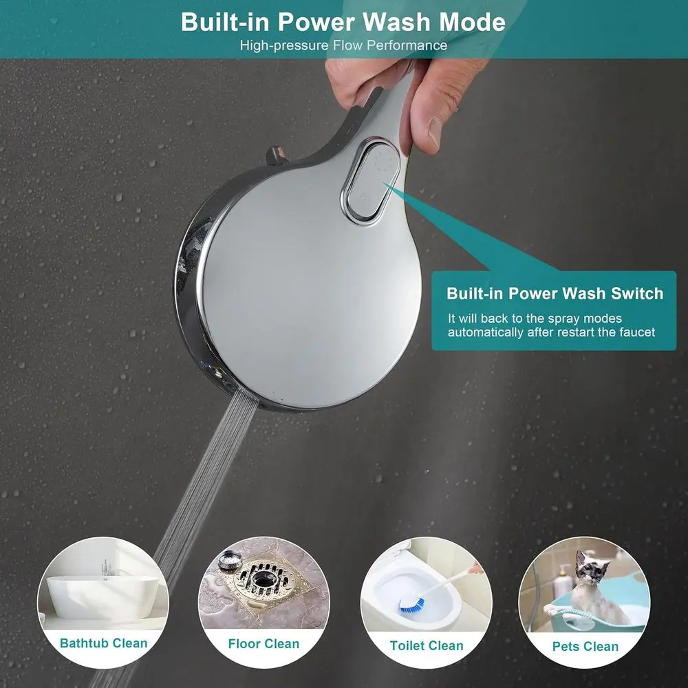 عصا دش عالية الضغط 7 وظائف مع رذاذ طاقة، 79 خرطوم، دعامة، وحامل إضافي، كروم