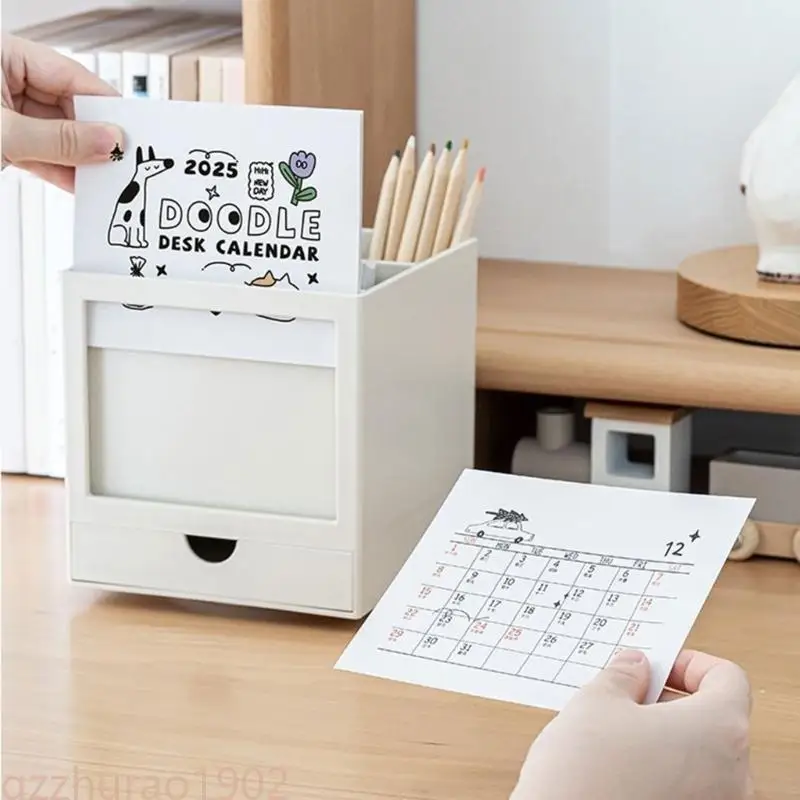 

97QB Rotating Pen Holder with 2025 Calendar and Drawer Desktop Pen Storage Holder Large Capacity for Office Desk Organizers