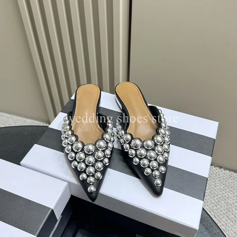 Beaded Flat Shoes Half Head Female Slippers Catwalk Show Outdoor Wedding Banquet Genuine Leather Summer Women Pointed Toe Shoes