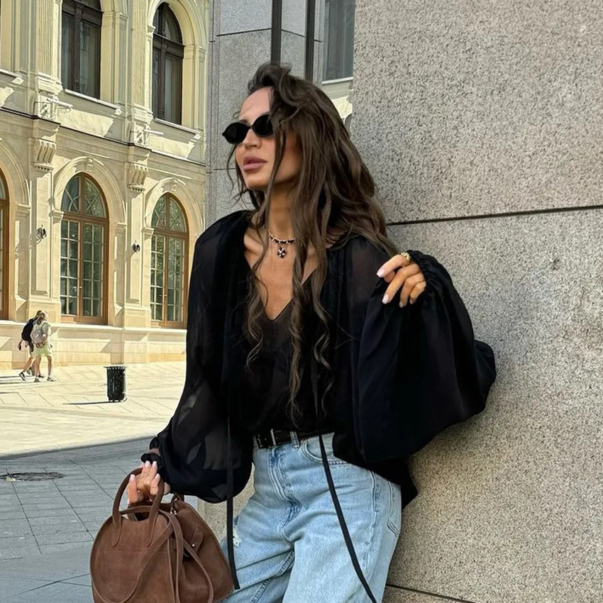 

2025 Autumn Winter Sexy Slightly Transparent Chiffon Black Shirt Women Mysterious Loose V-neck Raglan Sleeve Lace up Tops