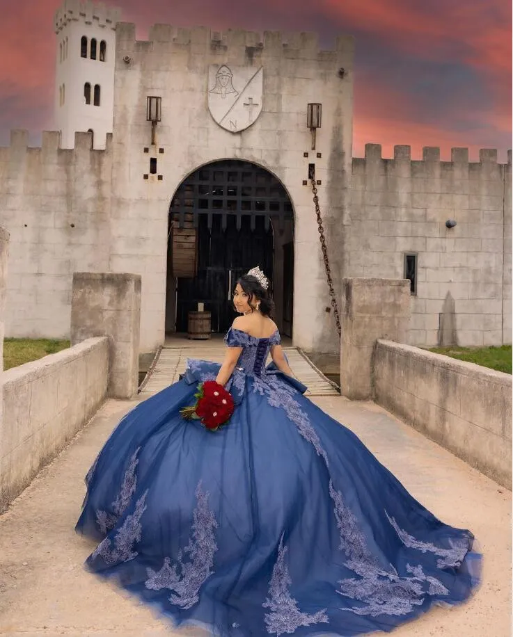 Azul Royal Princesa Quinceanera vestido de ombro, Espartilho com saia inchado, Vestidos de apliques, 15 anos, 2024 l