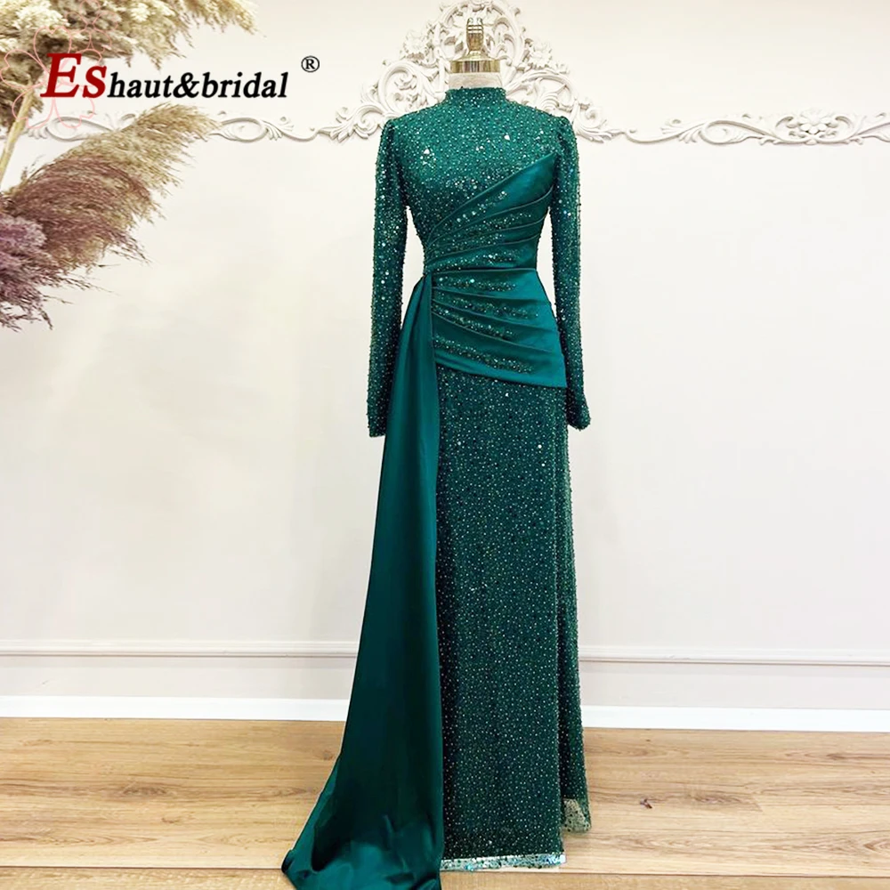 Elegant Dubai Muslim Evening Night Dress for Women 2023 High Neck Long Sleeves Ruffles Beads Formal Prom Wedding Party Gowns