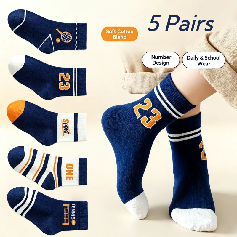 5 Pairs Kids' Socks Spring Autumn Cotton Socks Soft Breathable Crew Socks Little Big Boys Crew Sock