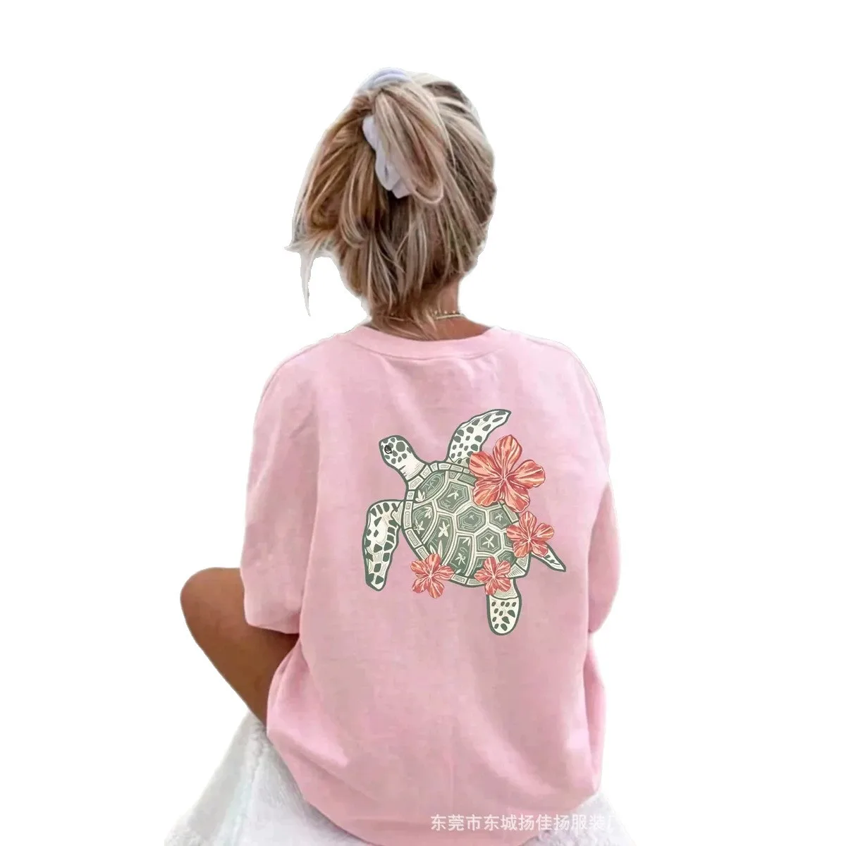 Tropical Beach Coquette Pink Oversized Tee Hawaiian Sea Turtle Hibiscus Print Soft Cotton Loose Women Vacation Street T Shirt