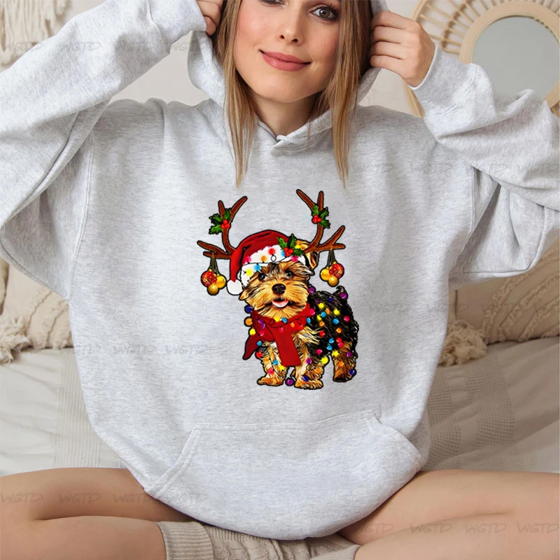 Christmas Reindeer Yorkshire Dog Print Woomen Hoodies Casual Fashion Trend Hoody Fleece Long Sleeve Hooded Christmas Sweatshirts