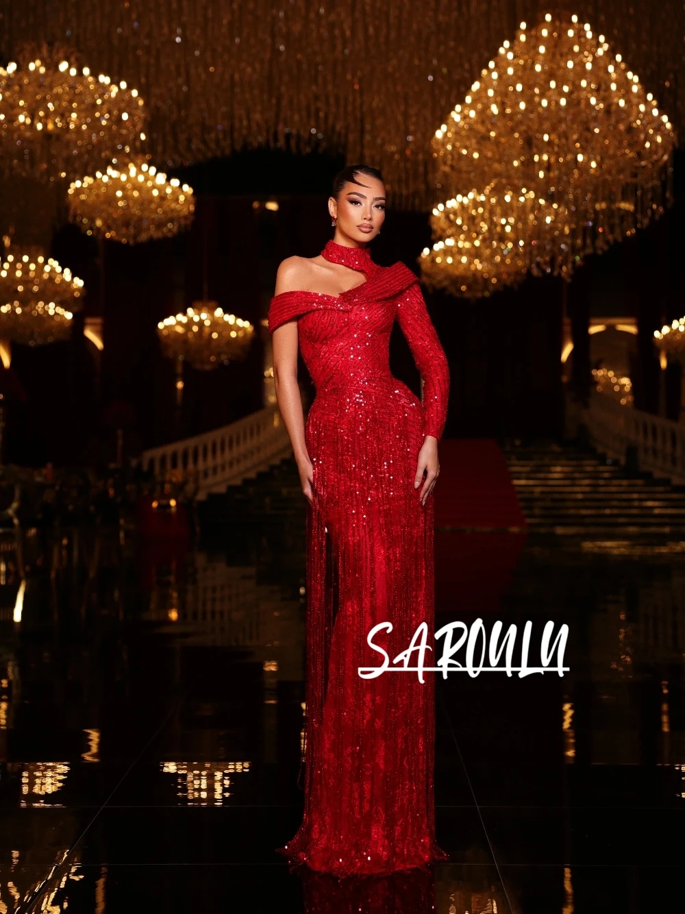 

Statement Red Tassel Bodycon Evening Dress Charming One Sleeve Dazzling Prom Gown Customized Sequined Lace Formal Events Wear