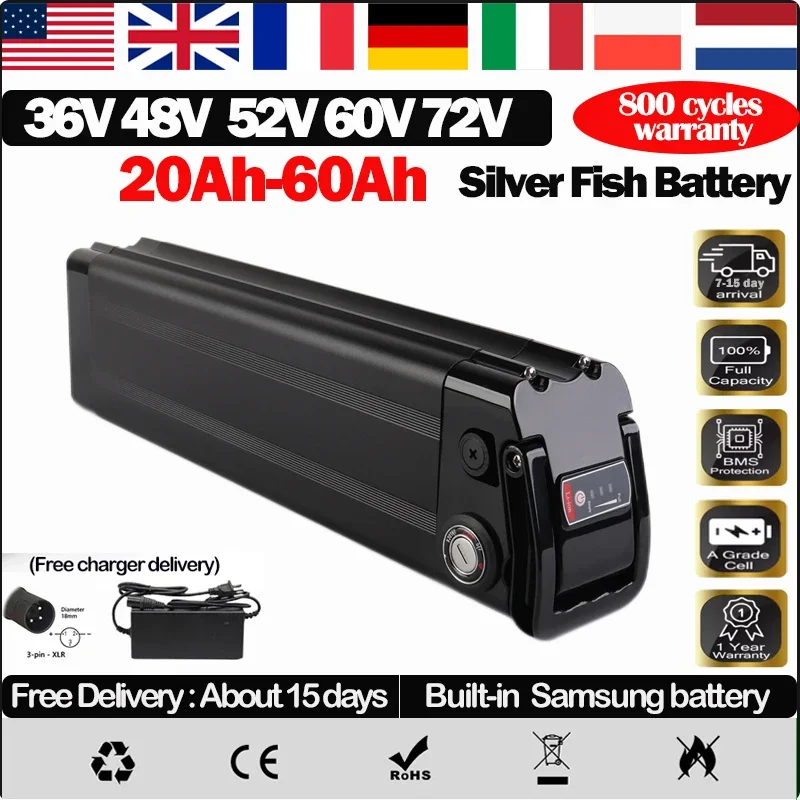 48v Silver Fish EBike Lithium Battery 52/60/72  Volt 40ah Batterie 36v13Ah Duotts S26 Battery 20ah 30ah 50ah 60ah 2000w Batterie