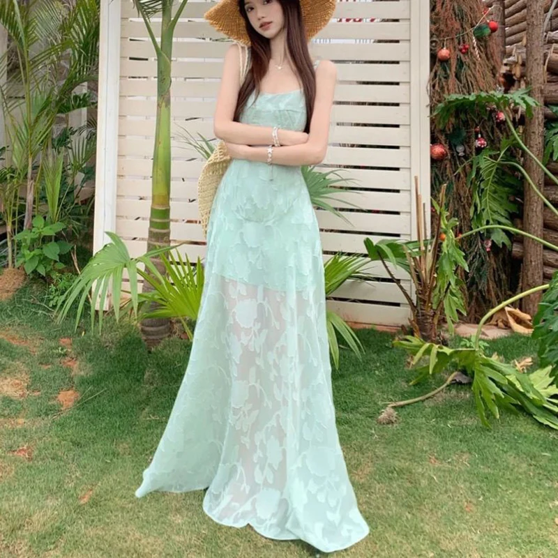 Francuska haftowana sukienka na ramiączkach damska plaża Spaghetti pasek głęboki dekolt sukienka Maxi kobieta Temperament linia A sukienka bez rękawów Mujer