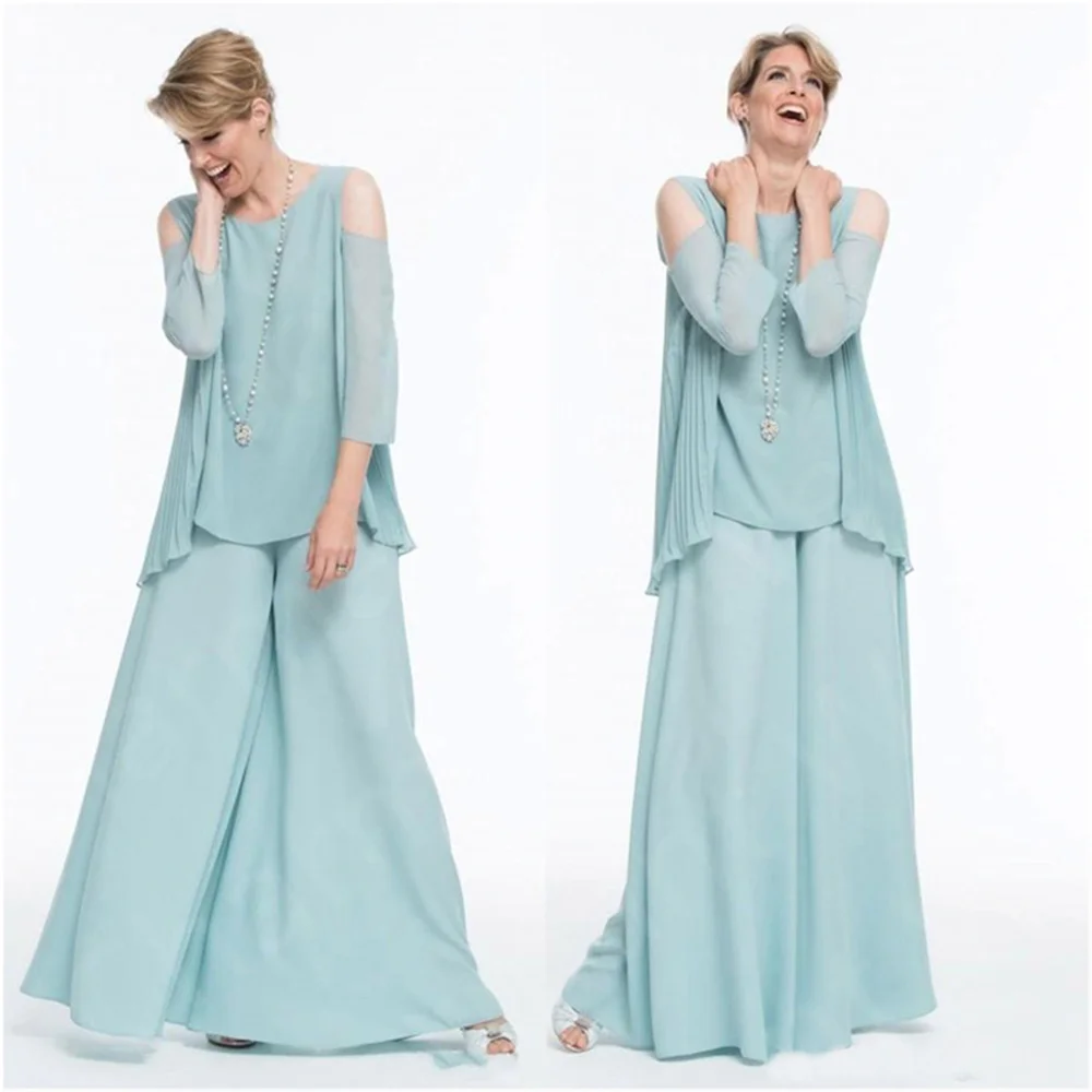 

Gorgeous Formal Blue Mother of the Bride Dresses Chiffon Off Shoulder Sleeves Wedding Guest Dress Round Neckline