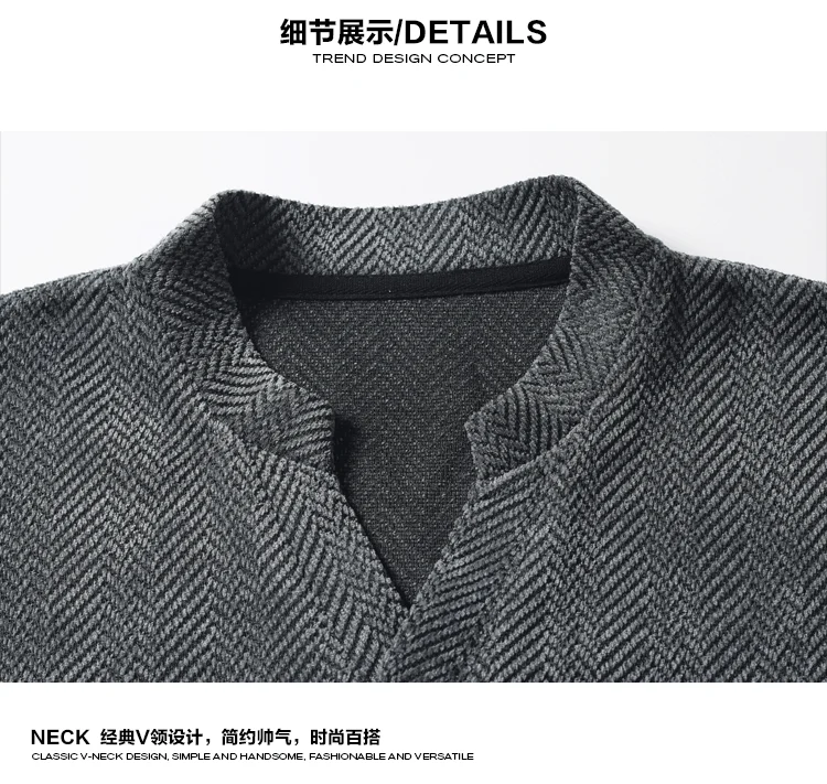 Herren-T-Shirt mit V-Ausschnitt, Fischgrätmuster, langen Ärmeln, einfarbig, lockerer Oversize-Schnitt, weich, lässig, Pullover-Stil. – Detail 13