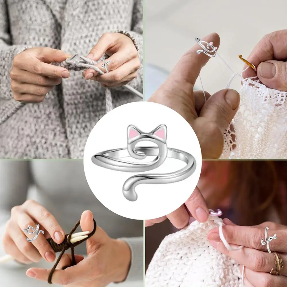 Crochet Wire Ring Crochet Tool Thread Wrapped Rings Cat Ears DIY Knitting Accessories Ring Adjustable Knitting Loop