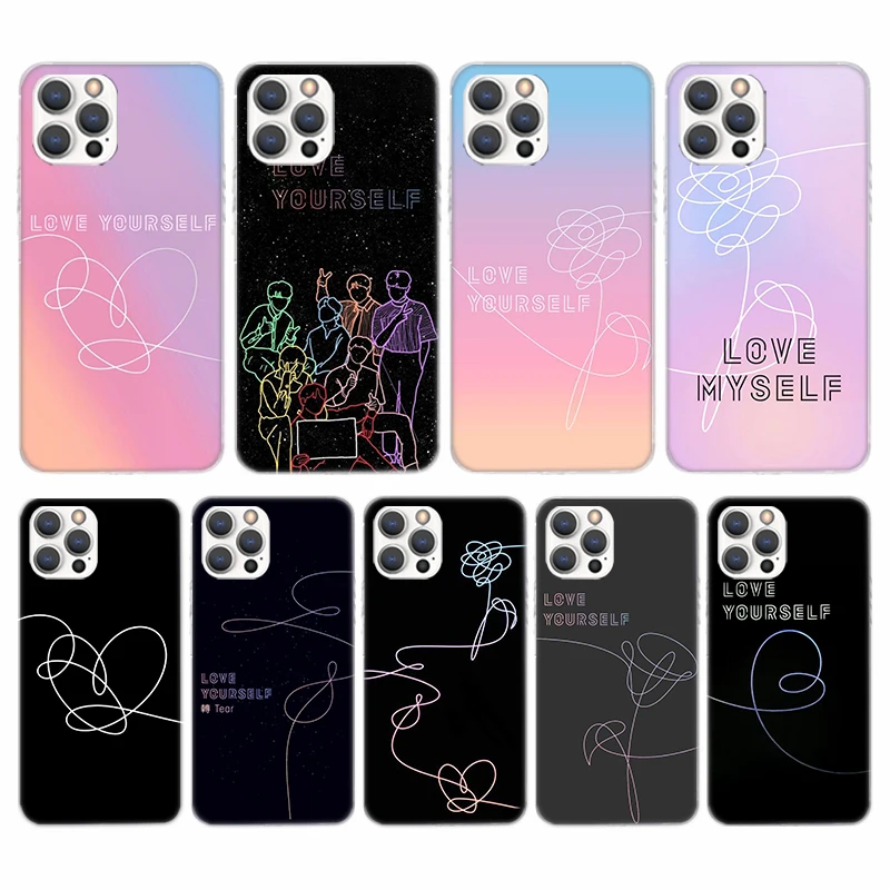 Love Yourself Flower Heart Line Kpop custodia morbida per iPhone 15 14 13 12 Mini 11 Pro Max X XR XS 7 Plus 8 + SE 2020 Pattern C