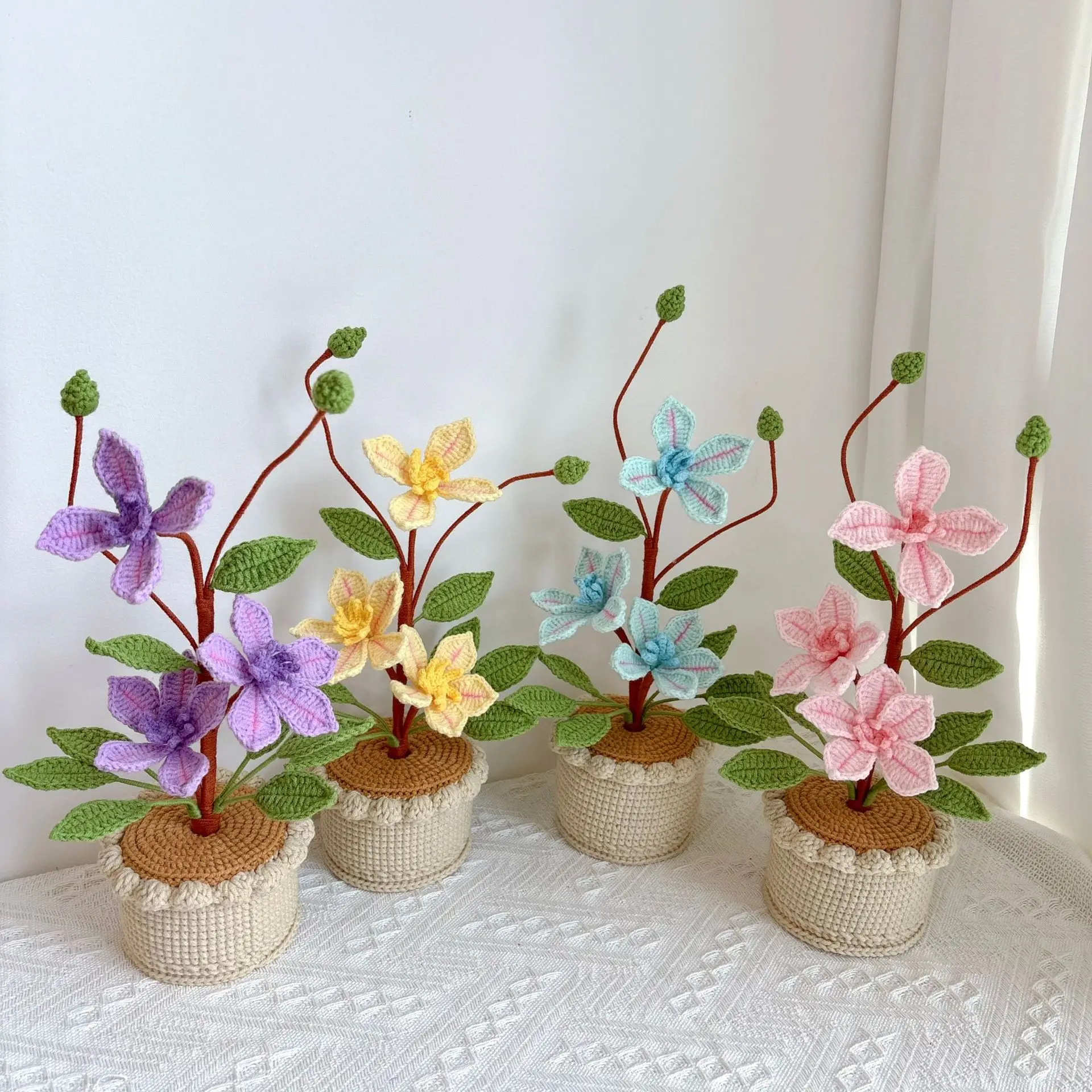 Fertig handgewebter Blumentopf, kreativer künstlicher Pflanzentopf, hübscher gestrickter Blumentopf, Dekoration für Schreibtisch und Bücherregal, Geschenk für Freunde – Detail 2
