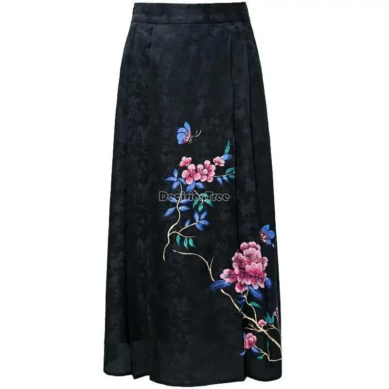 Jupe longue imprimée en fil de style rétro chinois pour femmes, costume tang classique, ample, taille haute, 2023, g522