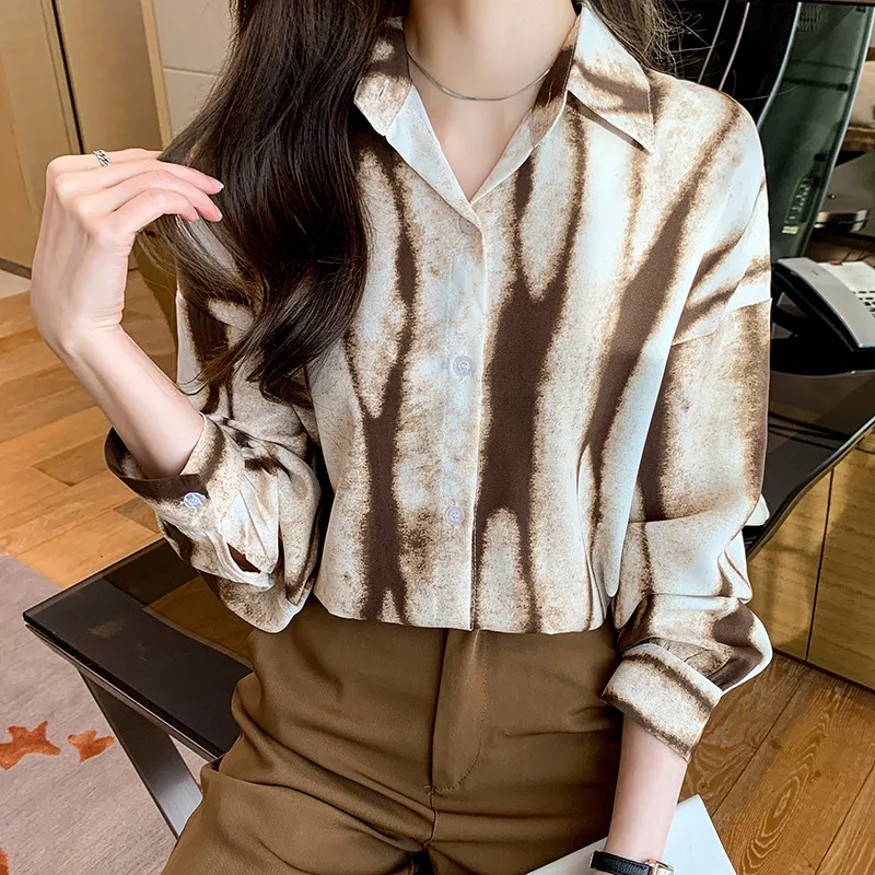 بلوزة نسائية كاجوال على الطراز الكوري مخططة باللون الكاكي بلوزة فضفاضة بأكمام طويلة #5