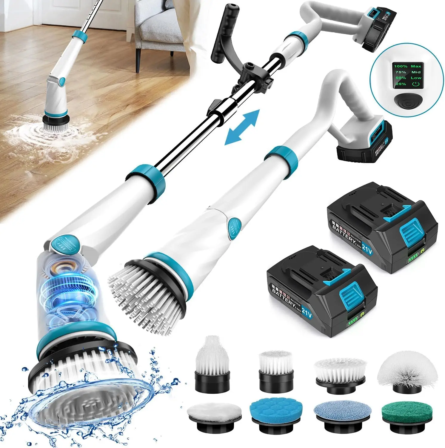 

1500RPM Electric Spin Scrubber, 8 Brush Heads Electric Scrubber for Cleaning, Shower Scrubber with Long Handle and Two Battery,