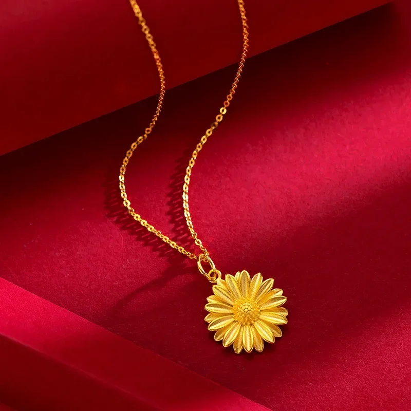 

High quality 999 real gold 24K gold small daisy O-shaped necklace fresh and sweet sunflower clavicle chain for women AU999 45CM