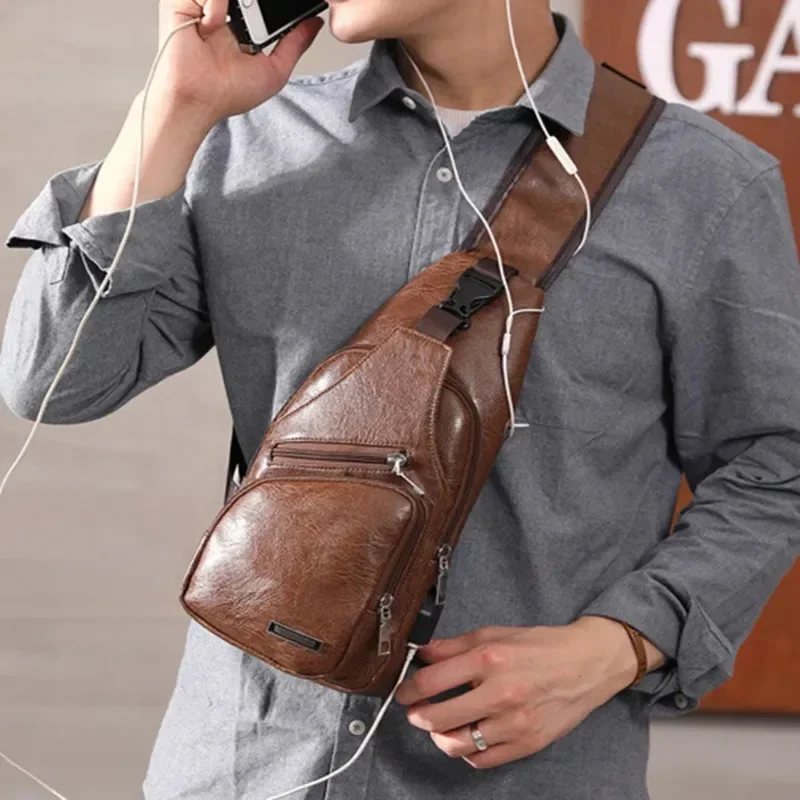 2024 Men's USB Chest Bag Designer Men Messenger Crossbody Package PU Leather Shoulder Bags Package Travel Chest Bag Bolso Hombre