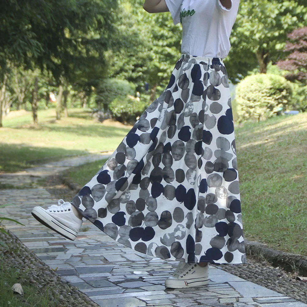 TIYIHAILEY Long Maxi A-line Elastic Waist Skirts Women Cotton And Linen Spring Summer Dot Printed 2024 New Fashion Ladies SKirts