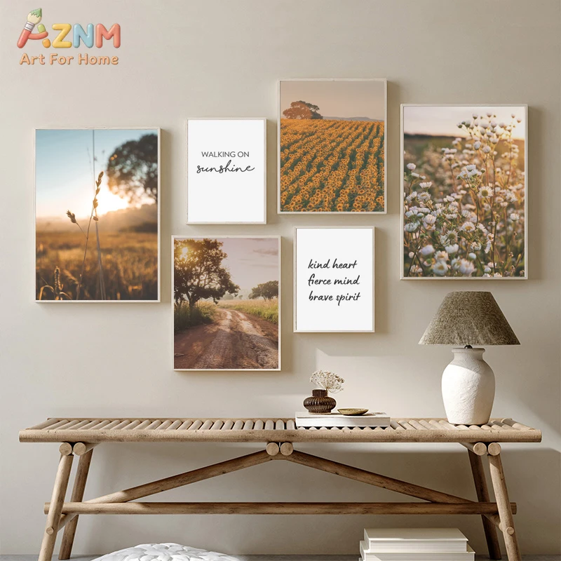 AZNM Golden Hour Countryside and Sunflower Field Canvas Wall Art Print, Inspirational Quote Decor, No Frame