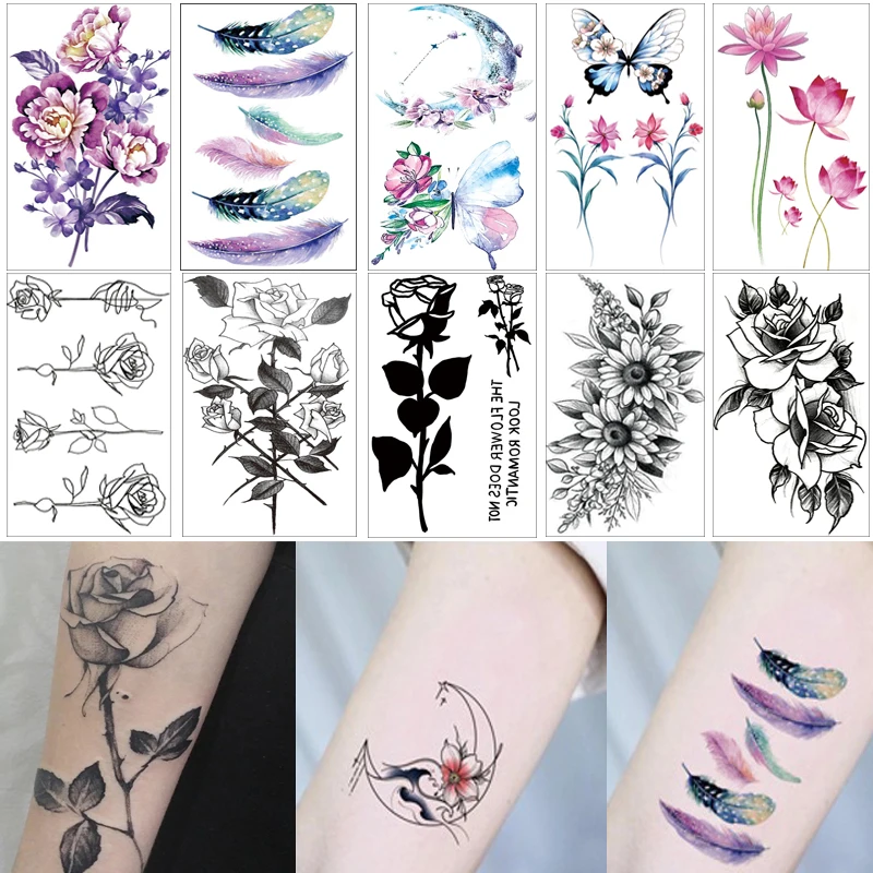 Waterproof Flower Temporary Tattoo Sticker Butterfly Rose Pattern Water Transfer Under Breast Shoulder Flower Body Fake Tattoo