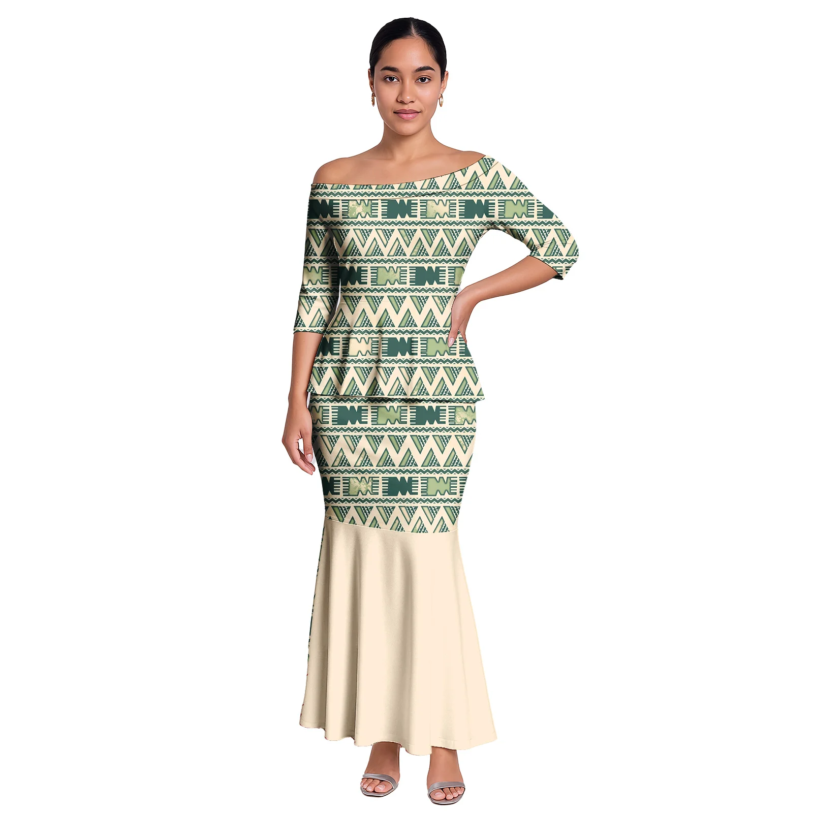 

Hot Selling Ladies Midi Sleeve Long Dress Custom Pattern Over Size Clothes Hawaii Island Women 2pc Set Samoa Polynesian Puletasi