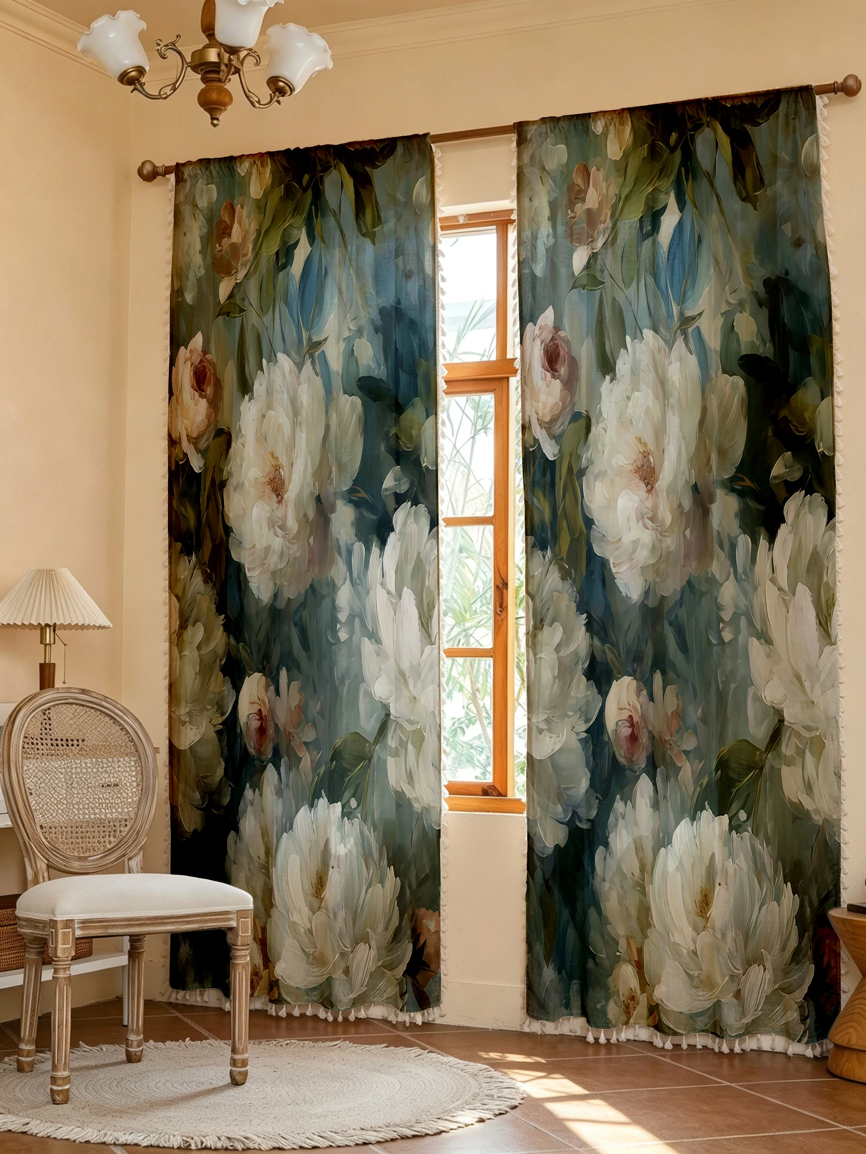 1PC Vintage Tassel Sheer Curtains, Oil Painting White Peony, Digital Print, Linen Polyester, Bedroom Living Room, Home Decor
