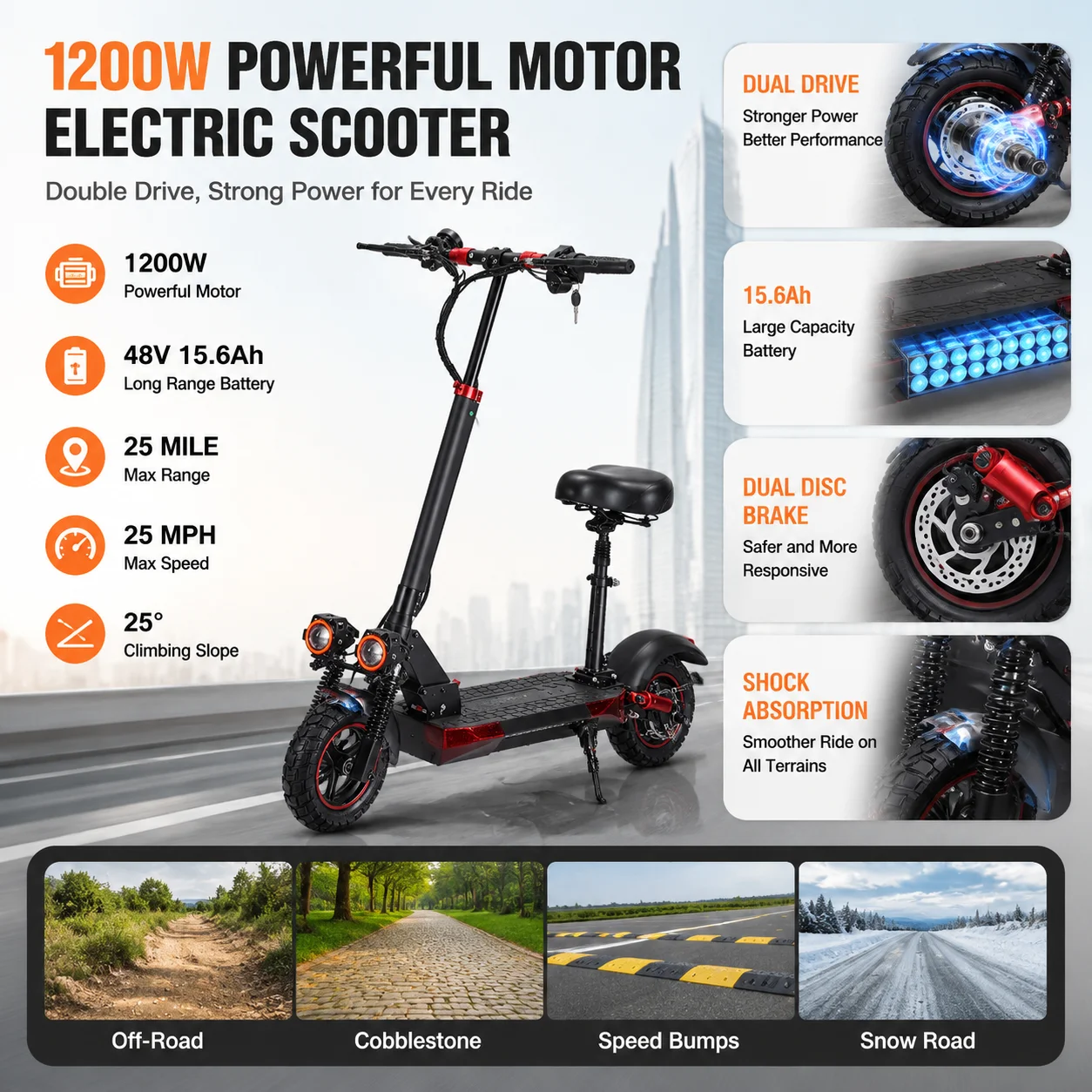 1200W Offroad Electric Scooter for Adults with Seat, 45-60KM/H Fast Speed E Scooter, 30-50KM Long Range Commuter Electric Kick Scooter, Dual Suspension, Off Road Tires, Disc Brakes, Folding Electric Scooter for Adults, US CA AU UK EU Warehouse Stock view 4