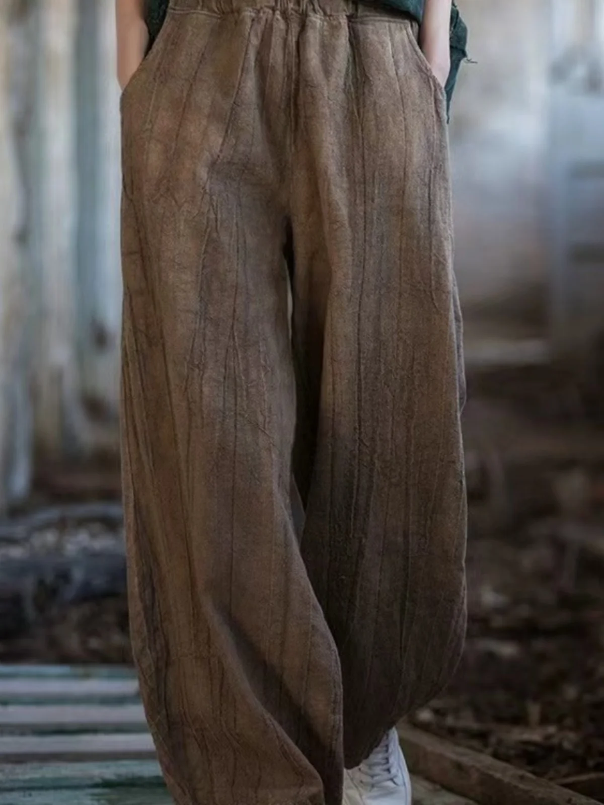 خريف شتاء جديد Sle المرأة عادية واسعة الساق فانوس السراويل القطن الكتان مصبوغ والقديم Faioned عالية الخصر فضفاضة تناسب بنطلون