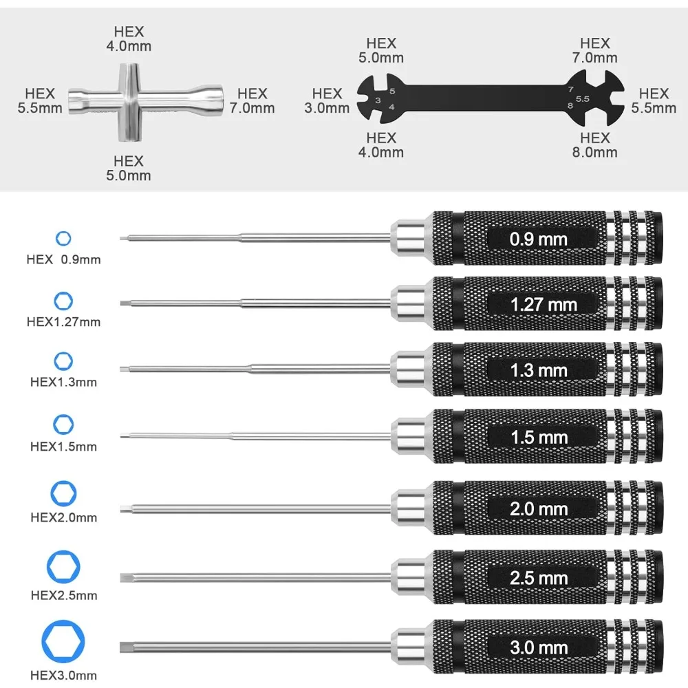Juego de herramientas de destornillador hexagonal RC: 0,9 mm 1,27 mm 1,3 mm 1,5 mm 2,0 mm 2,5 mm 3,0 mm Kit de destornilladores con destornillador de tuerca hexagonal y llave de coche RC