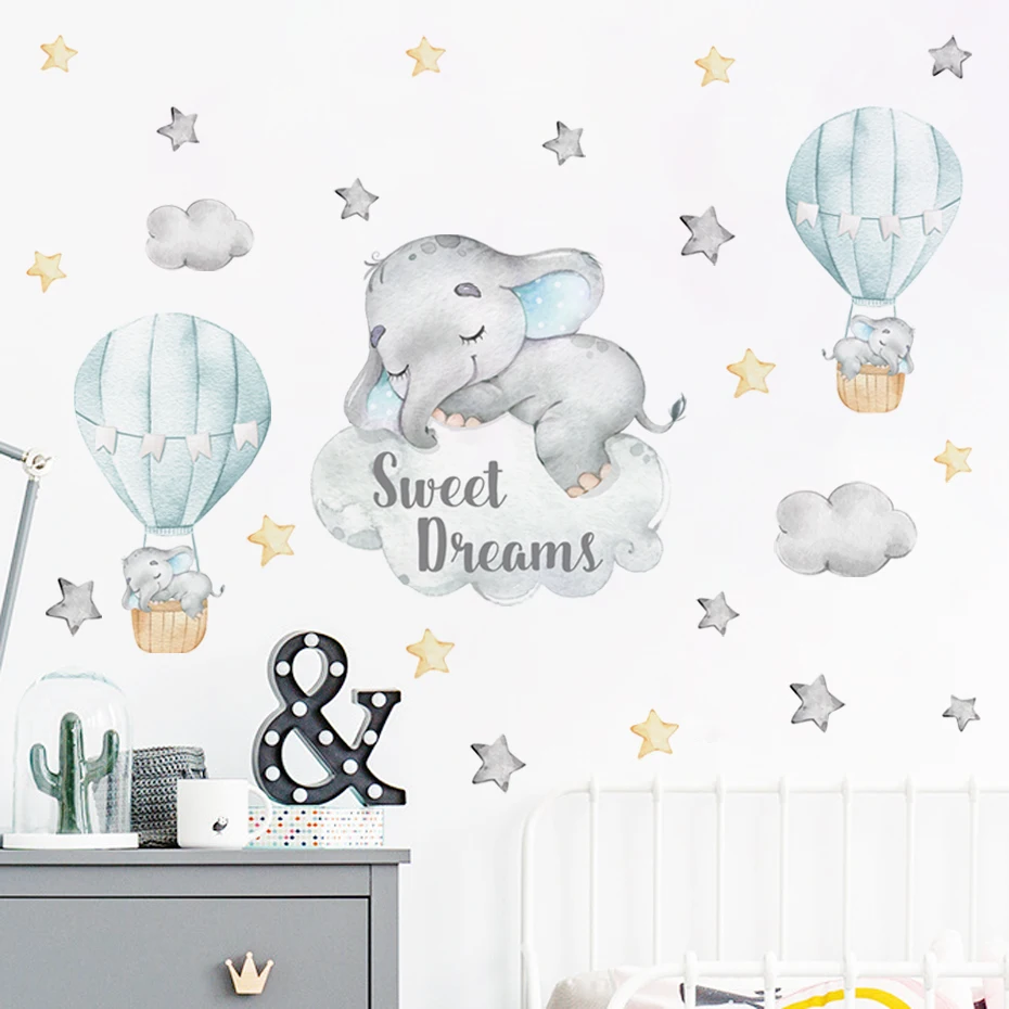 Blue Cartoon Elephant Hot Air Balloon Clouds Wall Stickers Watercolor Nursery Vinyl Boy Room Wall Decals Mural Kid Room Decor