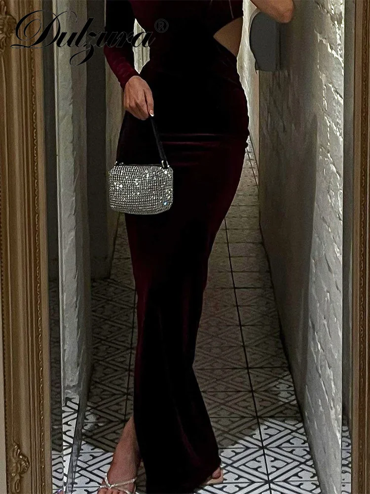 Dulzura Velvet Y2K ubrania jedno ramię drążą z długim rękawem Backless rozcięcia po bokach Bodycon eleganckie sukienki Maxi kobiety Club Party