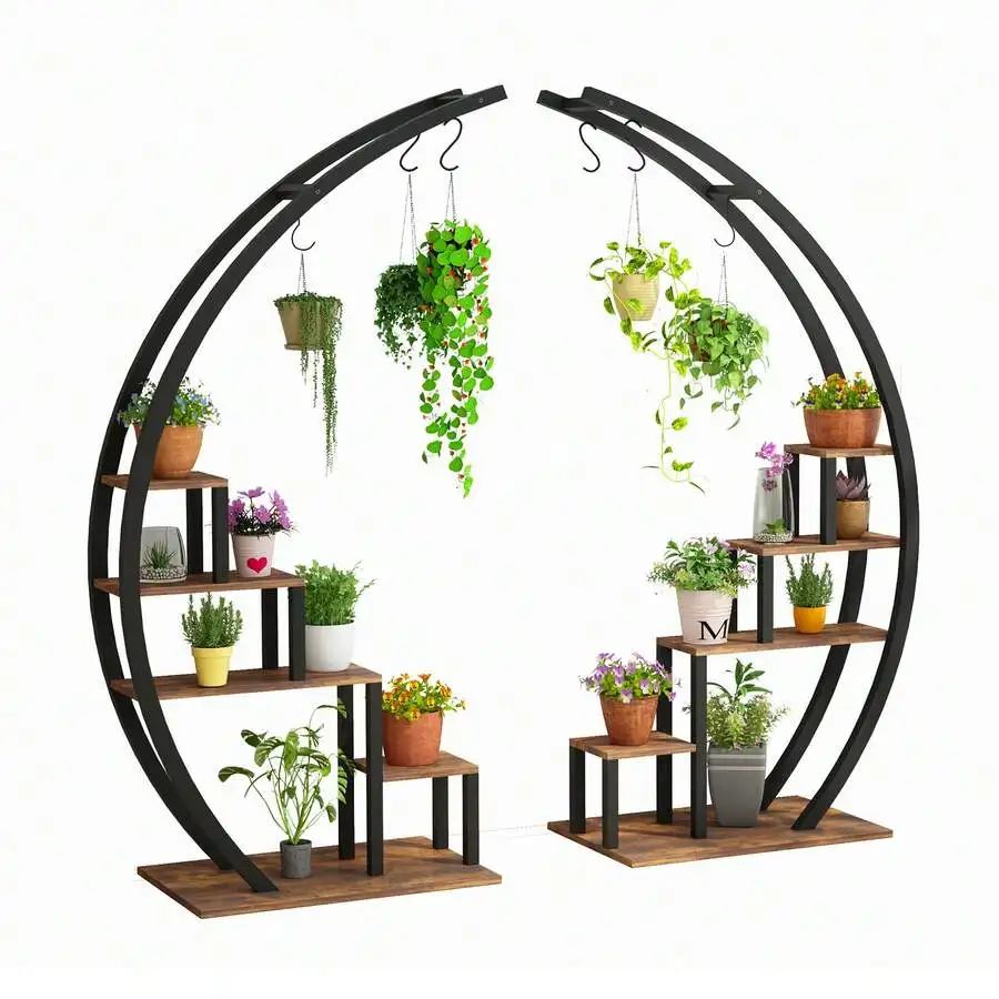 5 Tier Tall Metal Plant Stand Indoor, Half Moon Shape Garden Plant Holder, Round Flower Shelf Rack With 6 Hanging Hooks For Home