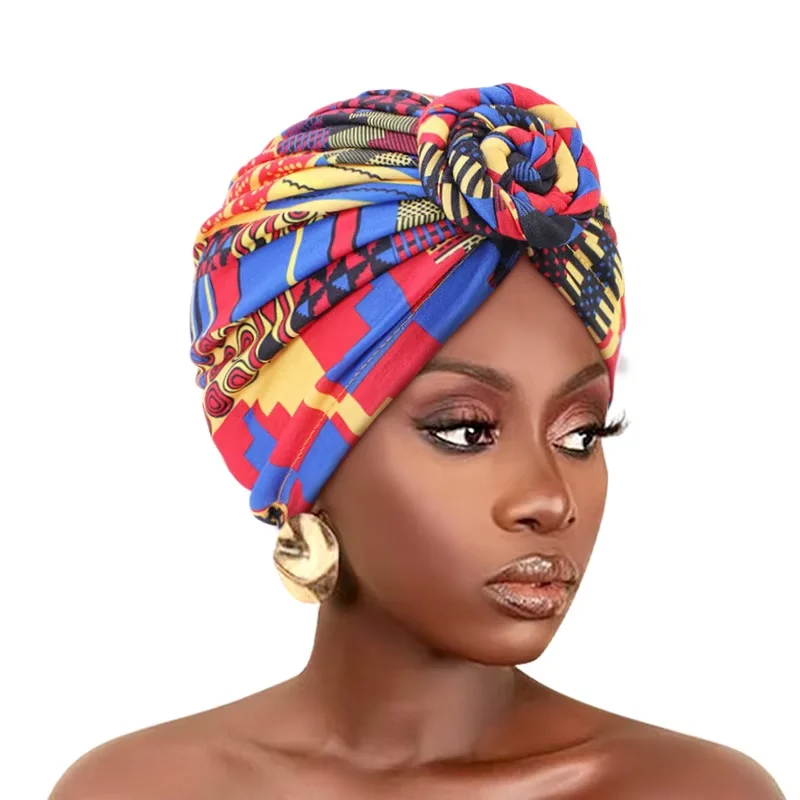 

New African Knot turban Trend Floral Beanie Pre Tied Front Knot Elastic Head Wrap Elegant Women Chemo Cap Bandana Headwear