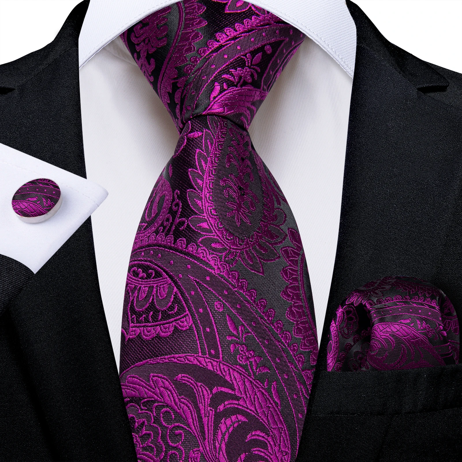New  Polyester Men\'s 8cm Tie Set with Pocket Square Cufflinks Wedding Party Groom Accessories Necktie Gift for Husband