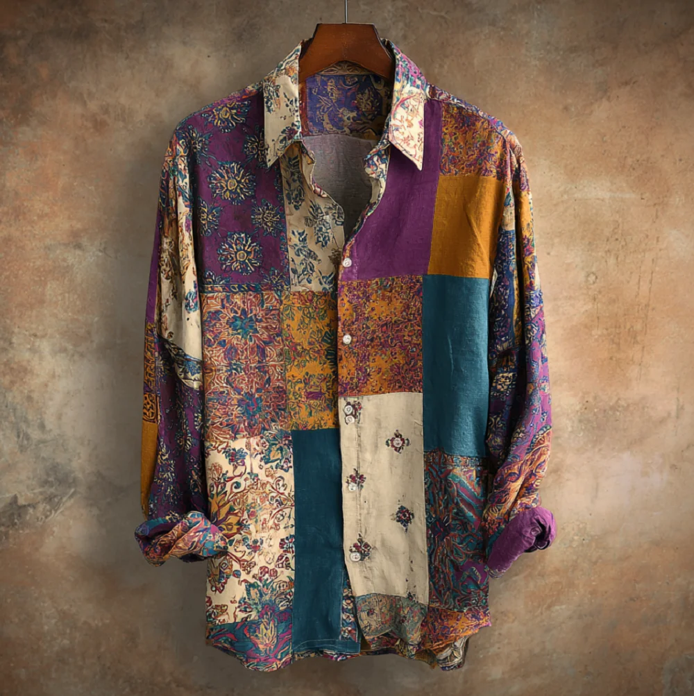  Vintage New Men's 3D Art Printed Shirt Casual Linen Style Long Sleeve Lapel Collar Top Fashion Beige Oversized Top
