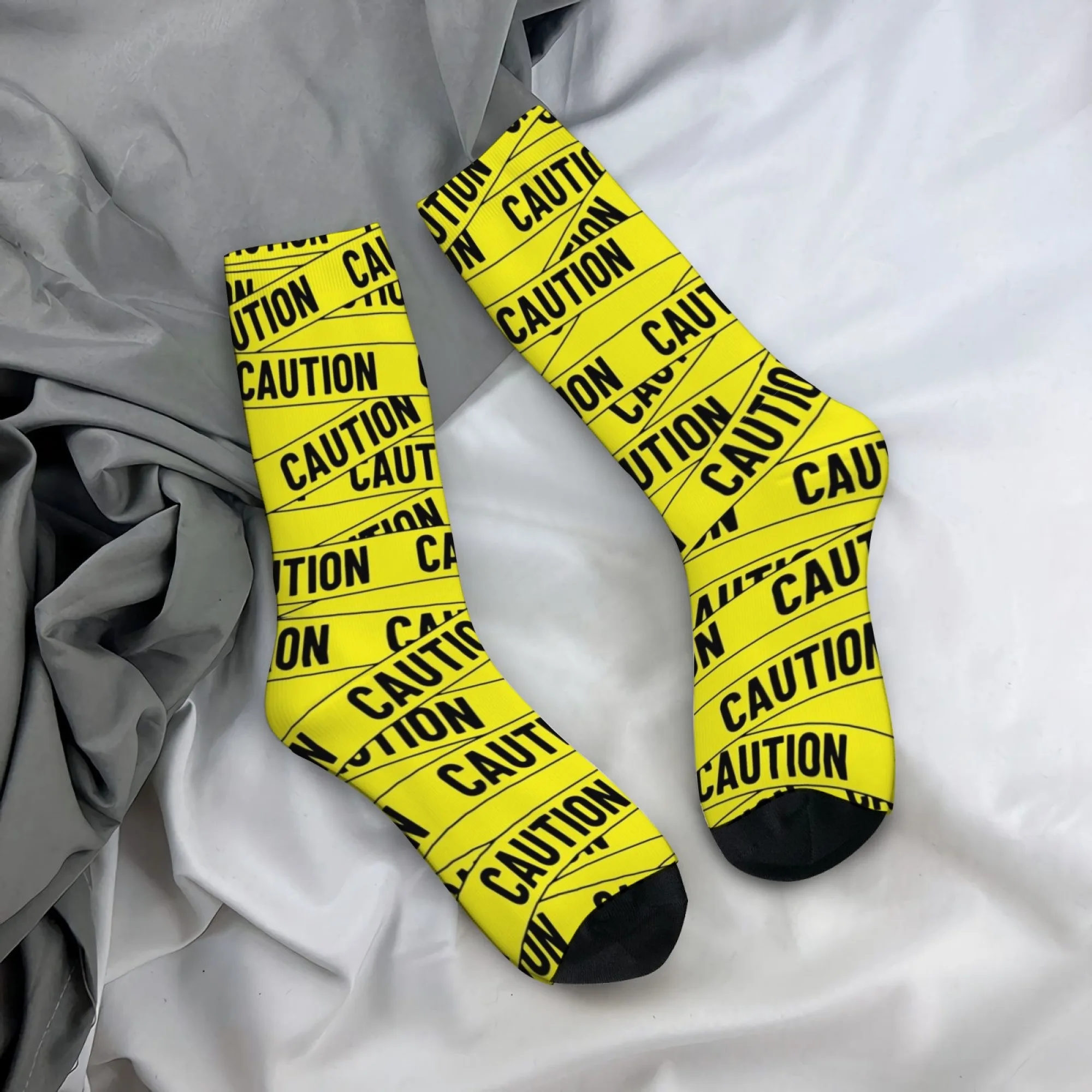 Novelty Yellow and Black Warning Tape Print Men's Socks, Harajuku Retro Street Style, Funny Trendy Casual Socks Crazy Party Gift