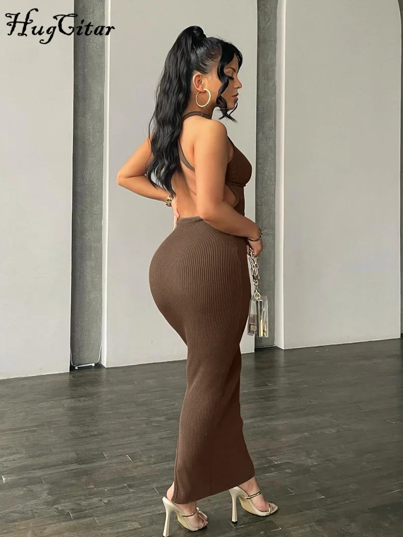 Hugcitar Ribbed Solid Hollow Out Backless Sleeveless Sexy Slit Mini Dress Bodycon 2025 Spring Women Outfits Elegant Party Y2K