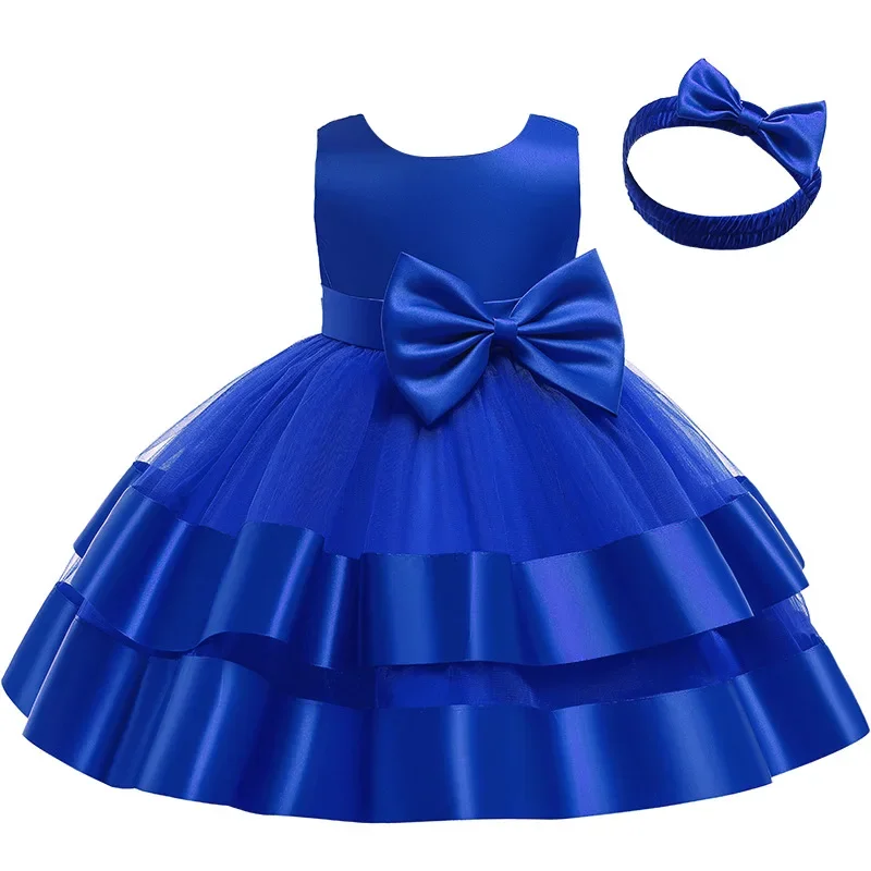 Satin Large Bow Girls Princess Dresses Puff Sleeves Children Vestido Host Wedding Birthday Party Tutu Dress Kids Fashion Clothes