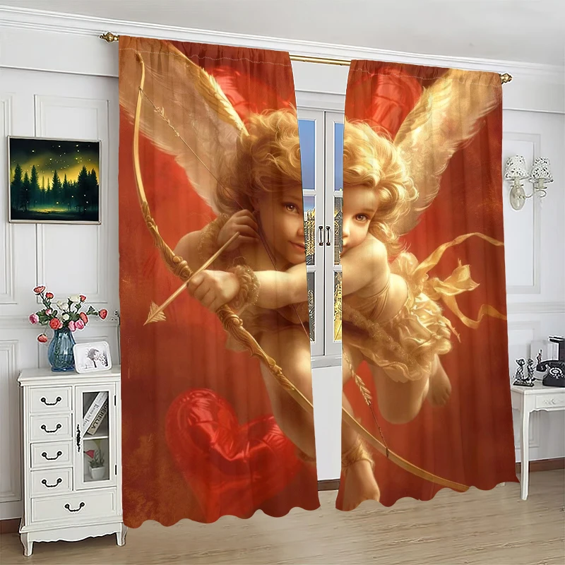 Cupid - Valentine's Day -2 pieces - Printed curtain, 100% polyester, suitable for home decor (bar not included)