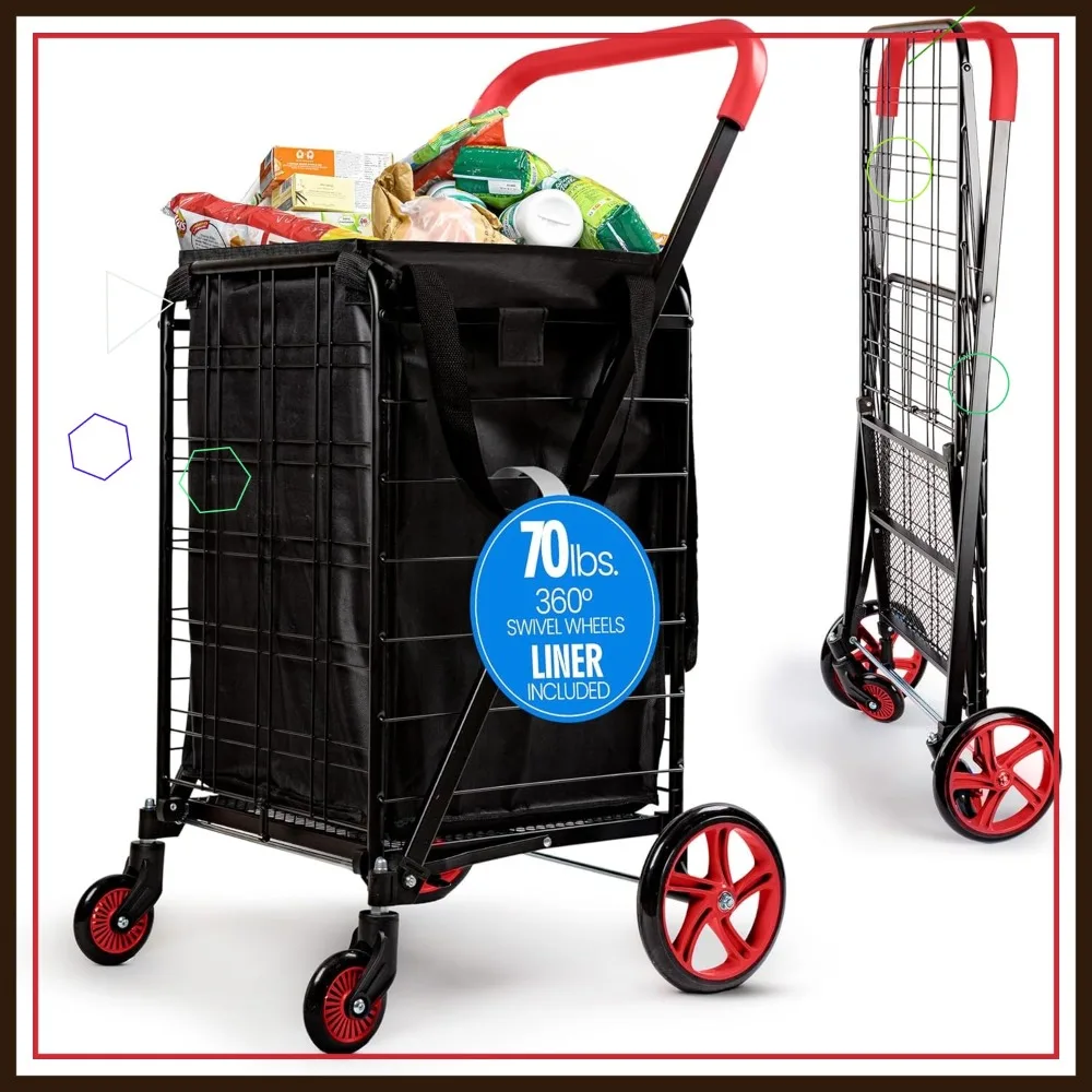 

Compact Folding Shopping Cart with 360° Wheels, Removable Waterproof Liner, Rust-Proof Steel Frame, 70 lb Capacity - Red