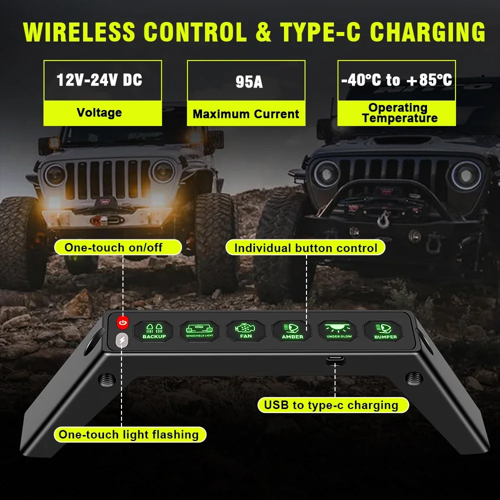 For Wrangler JL Modified A-pillar Armrest Six Way Integrated Remote Control Switch LED Car Spotlight Wireless Switch